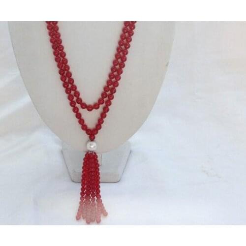 Stunning long 50" 8mm round red beads necklace