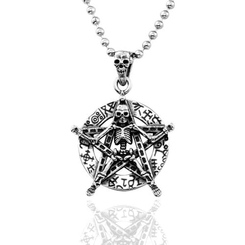 Five Star with biker skull Pendant Necklace For Man women Stainless Steel rock Unique Punk Jewelry