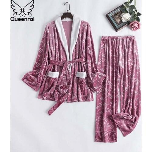 Queenral 2pcs Gold Velvet Warm Winter Pyjamas Lingerie Pijama Sets Bathrobe Suit Sleepwear Pajamas For Women Homewear