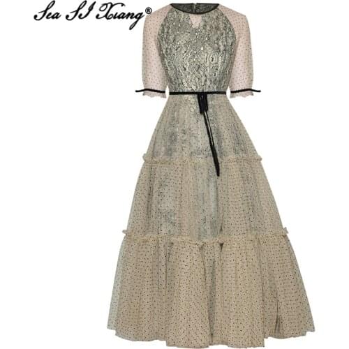 Seasixiang Fashion Designer Summer Mesh Dress Womens O-Neck Short Sleeve Hollow Out Dot Elegant Party Dresses