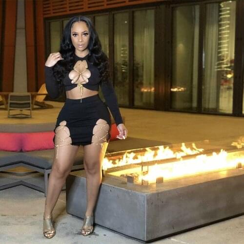 Sexy Deep V Neck Chain Bandage 2 Piece Set Women 2021 New Crop Top + Lace Up Slit Mini Skirts Bodycon Club Party Two Piece Set