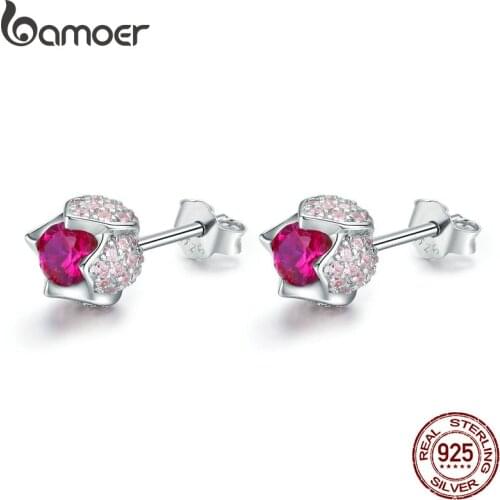 BAMOER Romantic 925 Sterling Silver Luminous Tulip Flower Buds Pink CZ Zircon Stud Earrings Women Wedding Jewelry Gift BSE042