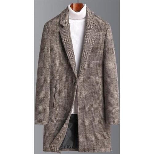 Woolen Coat Mens Autumn Winter Thickened Medium Length Plaid Windbreaker Wool Overcoat Men Camel Coats Mens Jacket Outerwear