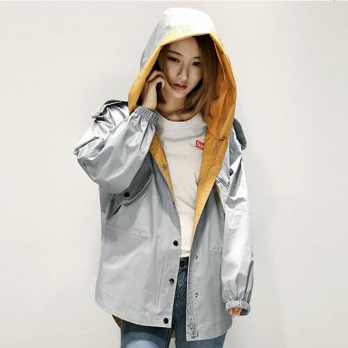 Spring Autumn Hooded Windbreaker Streetwear Womens Loose Stitching Women Zipper Trench Coat Casual Student Tooling Outwear