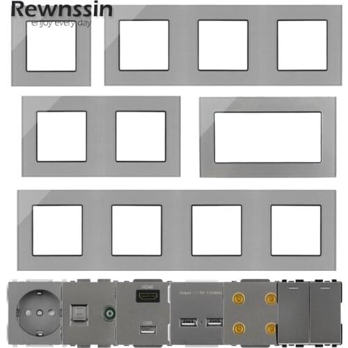 DIY Light Switch EU/FR USB Socket RJ45 TV Audio HDMI Wall Outlet Module Part Silver Glass Panel Frame Free Combination Socket