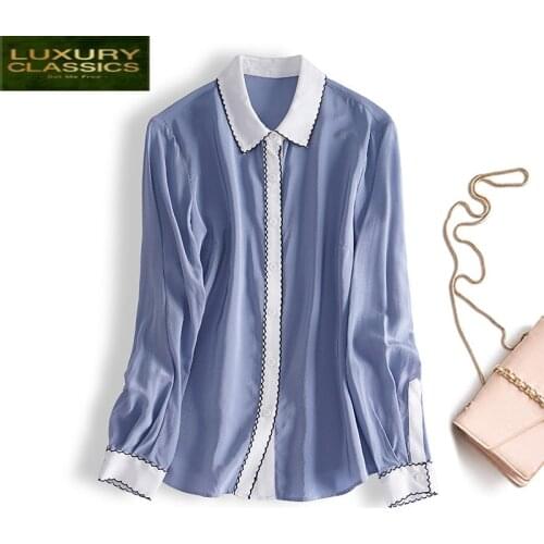 Women Real Silk Blouse Vintage Elegant Ladies Long Sleeve Shirts and Tops Womens Shirt Blusas Mujer De Moda 2021 3381