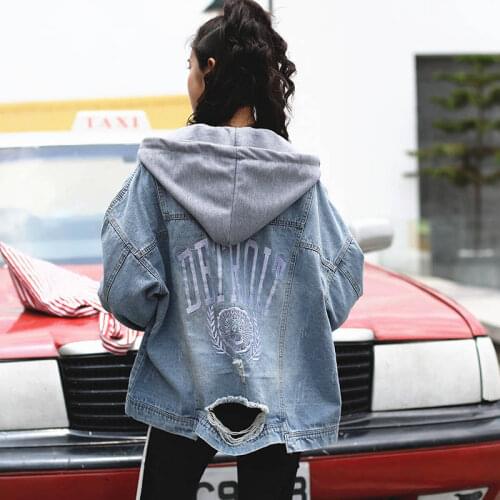 Back Embroidery Ripped Frayed Spring Denim Jacket Deconstructable Hooded Blue Jean Coat Streetwear Women Korean Style Oversize