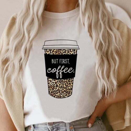 Women Leopard Cute Coffee Short Sleeve Tee Fashion T Shirt Female Cartoon T-shirt Print Graphic Top 2021 Ladies Clothing