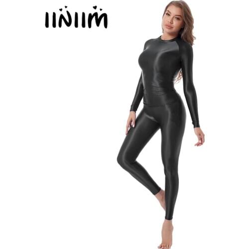 Womens Sport Yoga Outfits Solid Color Glossy Stretchy Two-piece Pants Set Crew Neck Long Sleeve T-shirt with Leggings Sportswear