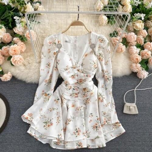 Lady New Retro Dress Women V Neck Pleated High Waist Slimming Autumn Long Sleeve Fashion Floral Print Padded Vestidos P216