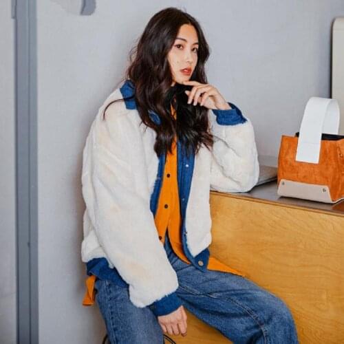 Winter fashion womens faux rabbit fur coat fake fur jacket denim patchwork fur warm outwear long sleeve casual slim coat L1661