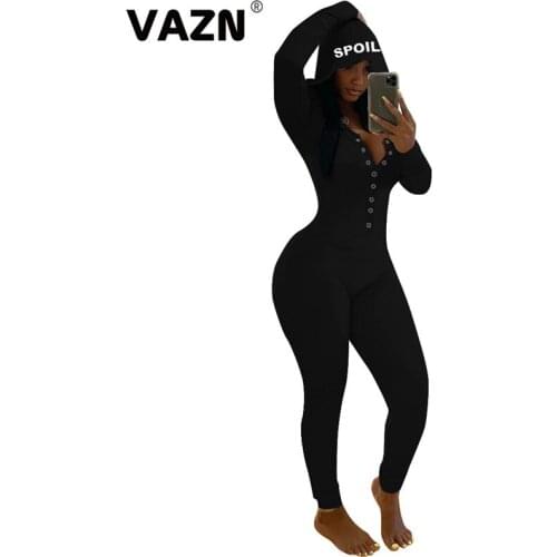 VAZN 2021 Top Quality Young Sexy Letter Soft Daily Simple Hooded Full Sleeve High Waist Women Long Pencil Jumpsuits