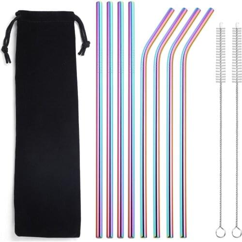 3/4/8Pcs Reusable Drinking Straw Colorful Metal Drinking 304 Stainless Steel Party Bar Straws With Case Cleaning Brush Dropship