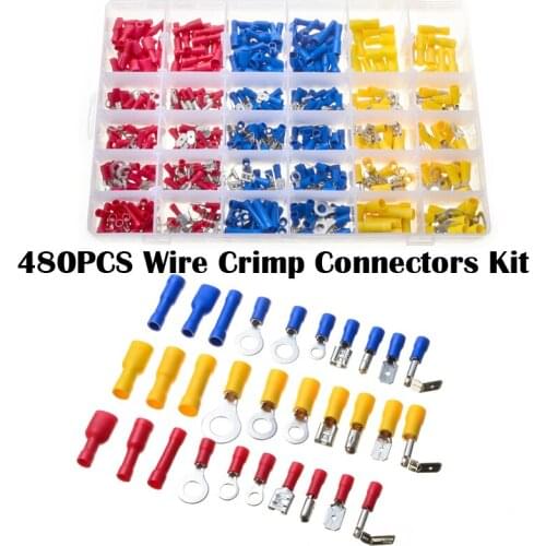 480Pcs/set Mixed Insulated Electrical Wire Connectors Crimp Terminals Spade/Ring/Bullet/Piggy Back Crimping Terminal
