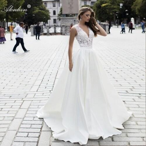 Alonlivn High Quality Lustrous Satin Beading Pearls Wedding Dresses V-Neck Sleeveless Elegant Bridal Gowns With Appliques