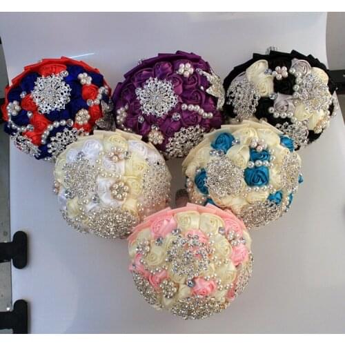 Satin Wedding Bridal Bouquets Wedding Supplies Artificial Flower Pearls Rhinestones Sweet 15 Quinceanera Bouquets W230