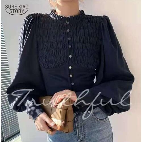 Gentle Stand Collar Button Long Sleeve Blouse Autumn Vintage Pleated Women Shirt Fashion Ruffles Slim Tops Female Clothing 16124