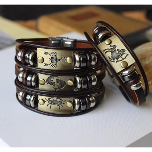 12 Constellation Bracelets Luminous Charm Genuine Leather Bracelet Zodiac Horoscope Braided Bangle Men Women Jewelry Wrist Gift