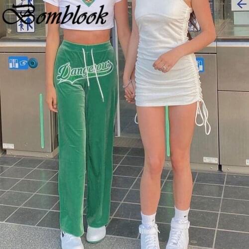 Bomblook Casual Fashion Pants Womens Summer 2021 Letter Print Drawstring Loose Straight Pants Female Streetwears