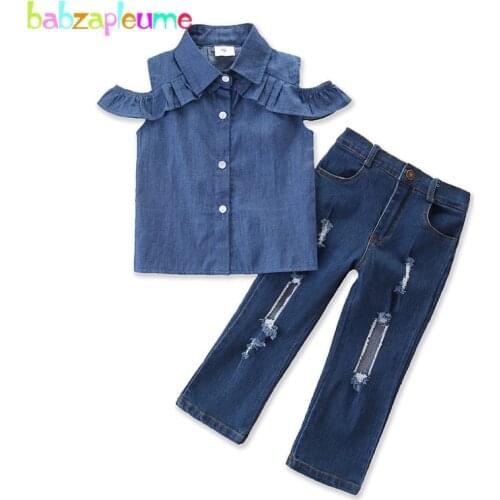 Spring Summer Outfits For Kids Clothes Little Girls Clothing Set Fashion Denim Baby T-shirt+Loose Hole Children Jeans BC2075