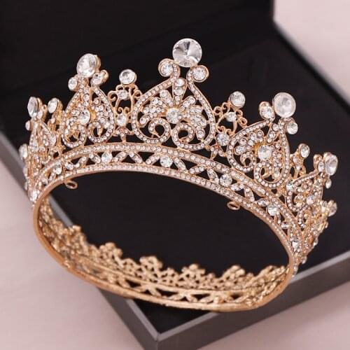 Gold Color Big Round Crowns Baroque Tiara Crown Crystal Heart Wedding Hair Accessories Queen Princess Diadem Bridal Ornaments