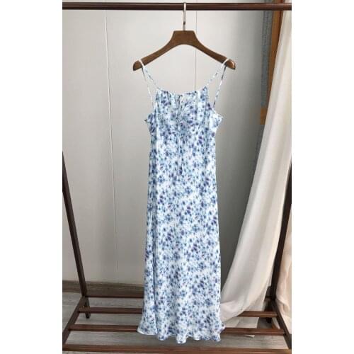 ElfStyle Top Silk Ladies Blue Floral Printing Slim Strap Midi Dress Features Drawstring Ties
