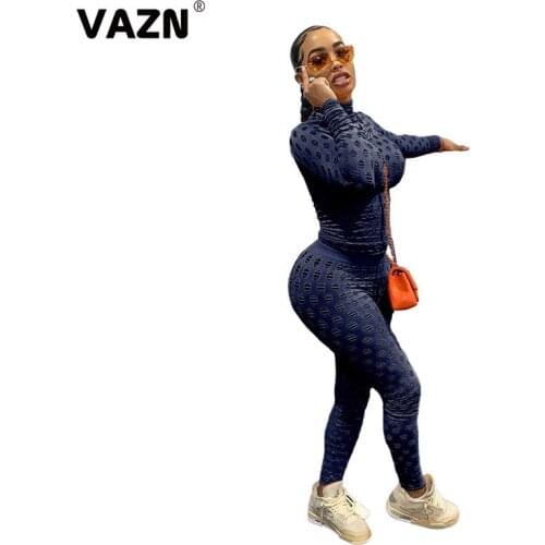 VAZN 2020 Hot High-end Plus Size Soft Elastic Young Tracksuits Turtleneck Full Sleeve Group Long Pants Skinny Women 2 Piece Set
