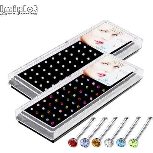 Imixlot 60 pcs/pack Stainless Steel Crystal Nose Ring Set Women Girl Surgical Steel Nose Piercing Crystal Nose Stud Body Jewelry