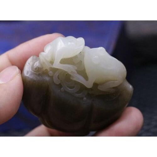 Big Treasure Certificated Chinese Hetian White Old Jade 2 Frogs on Lotus Root Carving Amulet Timestown 20201126A