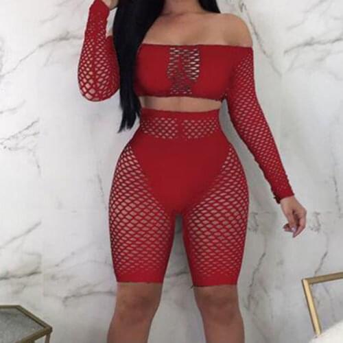 2Pcs Women Sexy Fashion Long Sleeve Slash Neck See-Through Mesh Knee Lengthen Shorts Set Crochet Cover Up Party Club Wear