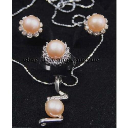 9-9.5MM Pink Akoya Cultured Natural Pearl ring earrings Necklace Pendant Set