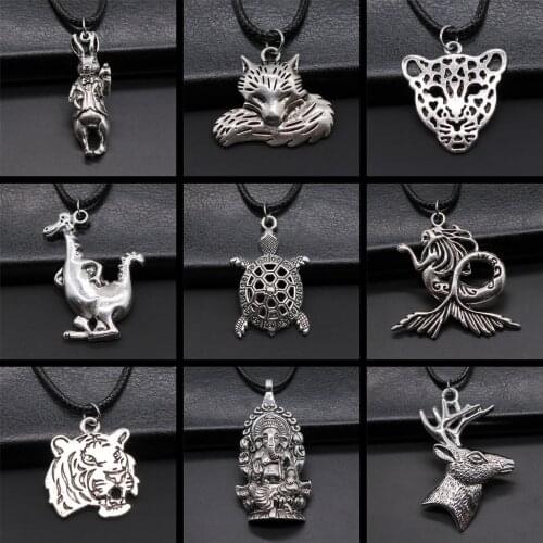 Cute Animal Pendant Necklace Black Leather Chain Rabbit Tiger Deer Elephant Fox Dinosaur Sea Turtle Pendant Necklace