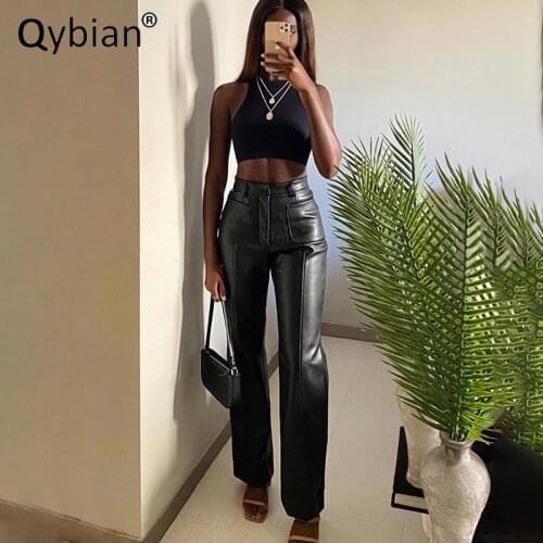 Fashion New Women Slim Casual Double Pocket Leather Pants Women Pu Leather Trousers