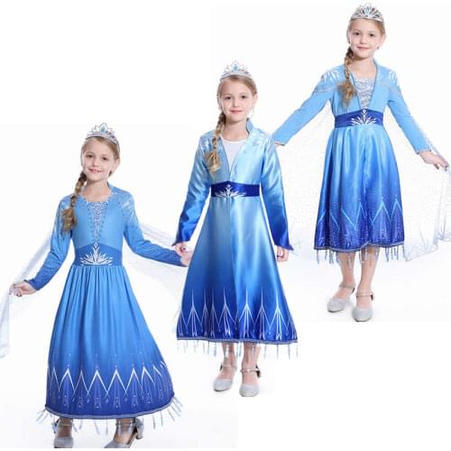 New Elsa Dresses For Girls Blue Princess Costumes Tulle Trailing Hollow Back Fall Gradient Color Outfits Kids Party Sets