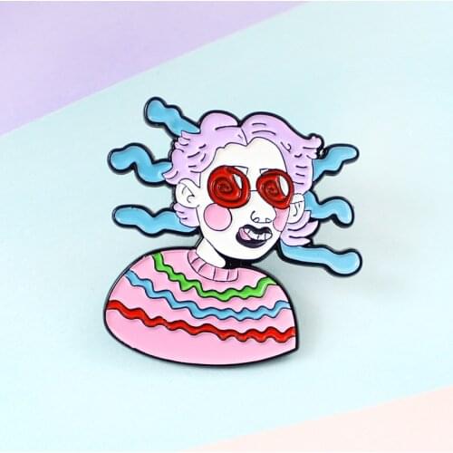New funny head series shocked girl red swirl eyes rainbow sweater split hair black lips tongue blush metal pin for girls brooch