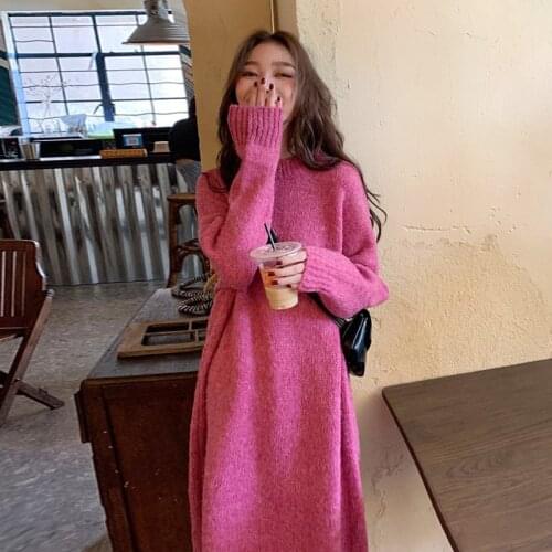 Orange Loose Knitted A-line Sweater Dress Fashion Candy Color Womens Knitted Dresses Autumn Wild Female Pullover Sweaters Pink