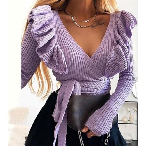 Autumn Winter Women V Neck Long Sleeve Ruffles Knitted Sweater Bandage Pullover