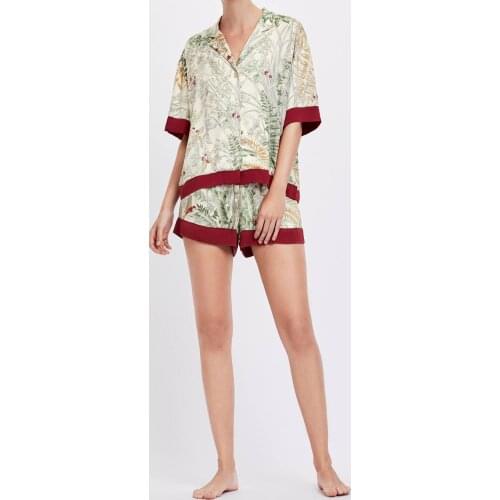 Summer Printing Short Sleeve Shorts Pajamas Half Turn-down Collar Satin Loungewear Women Pijama Sexy Lingerie Pyjamas Home Set