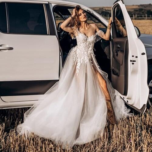Sexy Lace Wedding Dress Boho Sweetheart Cap Sleeves Front Split Beach 2021 Bohemian Casual Summer Vestido de novia