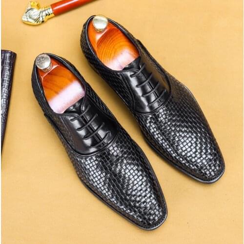 High Quality Pointed Toe Men Office Shoes Genuine Leather Formal Dress Oxford Handmade Weaved Wedding Party Mens Flats