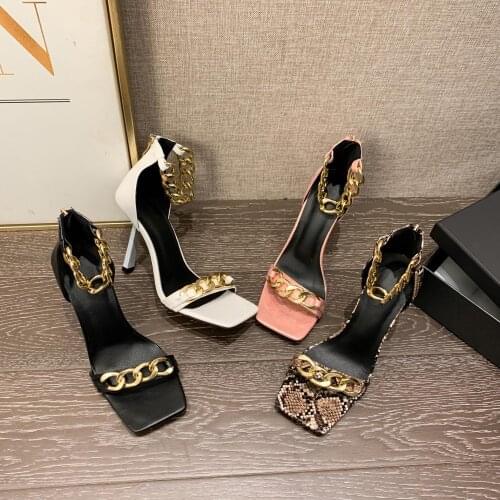 New Sandals Women 2021 Luxury Brand High Heel Fashion Metal Chain Design Woman Summer Plus Size Shoes Sandalias De Las Mujeres