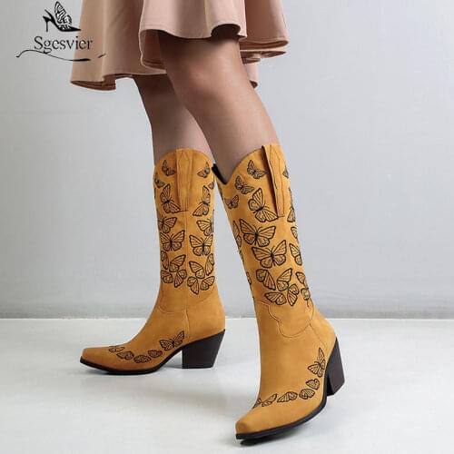 Sgesvier 2021 New Cowboy Boots Ethnic Butterfly Embroidery Chunky Heels Autumn Women Shoes Knee High Riding Equestrian Boots