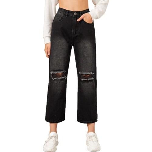 New Black Jeans Straight Pants Women High Waist Slim Hole Ripped Denim Jeans Casual Stretch Trousers Jeans Pants for Women