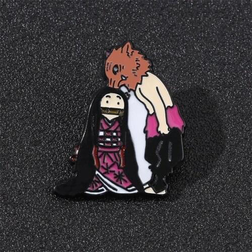 Popular Japanese Anime Demon Slayer Blade Mouth Hira Inosuke and Kamen Nidouzi Cartoon Metal Badge Pins Jewelry Gifts