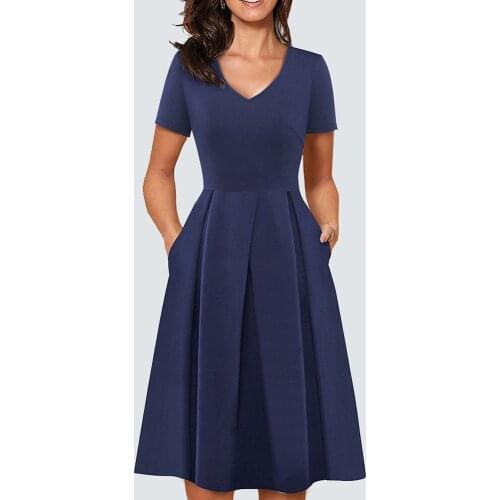 Women Vintage Fit And Flare Swing Casual Pleated Skater Office Party Dress HA126