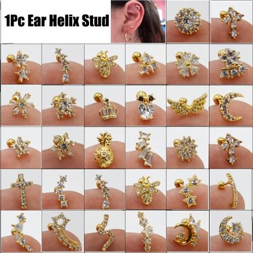 1PC Ear Conch Tragus Stud Helix Cartilage Piercing Sellsets Gold Color CZ Nose Lip Stud Piercing Moon Star Earring Jewelry 20G