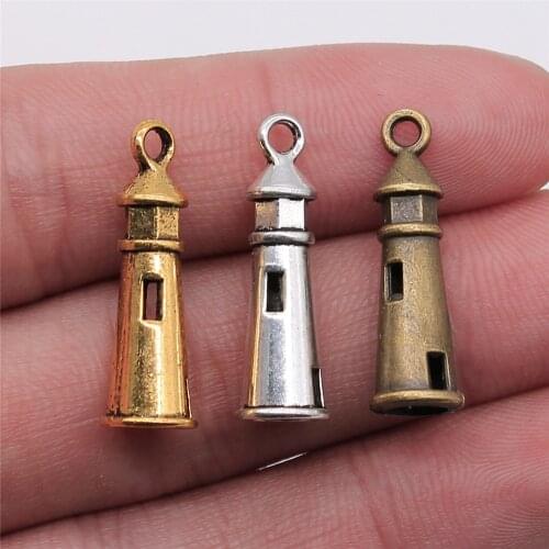 10pcs Charms Hollow 3D Lighthouse 25x8mm Antique Making Pendant Fit DIY Handmade For Jewelry Making