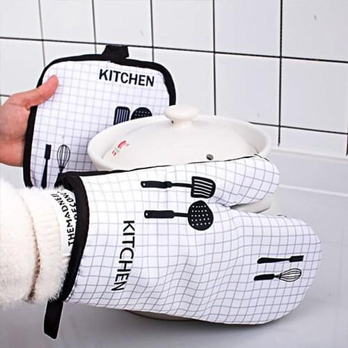 2pc/Set Microwave Baking BBQ Glove Cotton Cute Oven Mitts Heat Resistant Linen Potholders Non-Slip Kitchen Cooking Tools Mitten