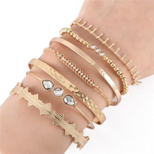 7 Pcs/Set Bohemian Retro Gold Carved Crystal Arrow Geometry Open Gem Bracelet Set Classic Bangle & Bracelet Jewelry Accessories