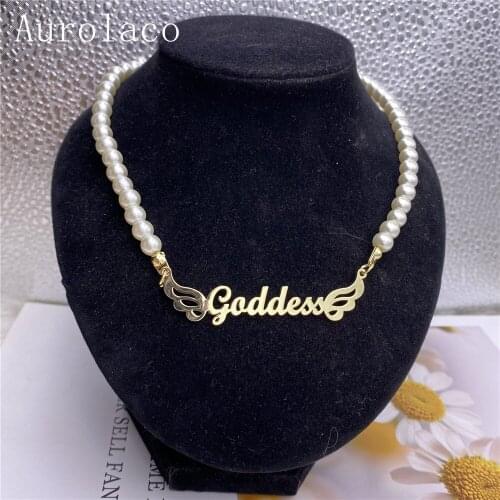 AurolaCo Custom Name Necklace Personalized Pearl Necklace Gold Pendant Nameplate Necklace For Women Jewelry Gift